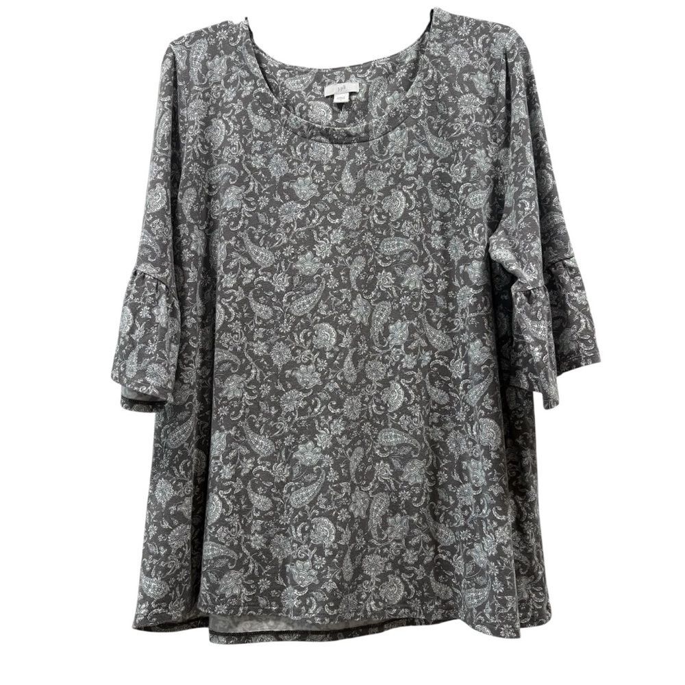 J. Jill Gray Beige Paisley Ruffle Sleeve Top Size L